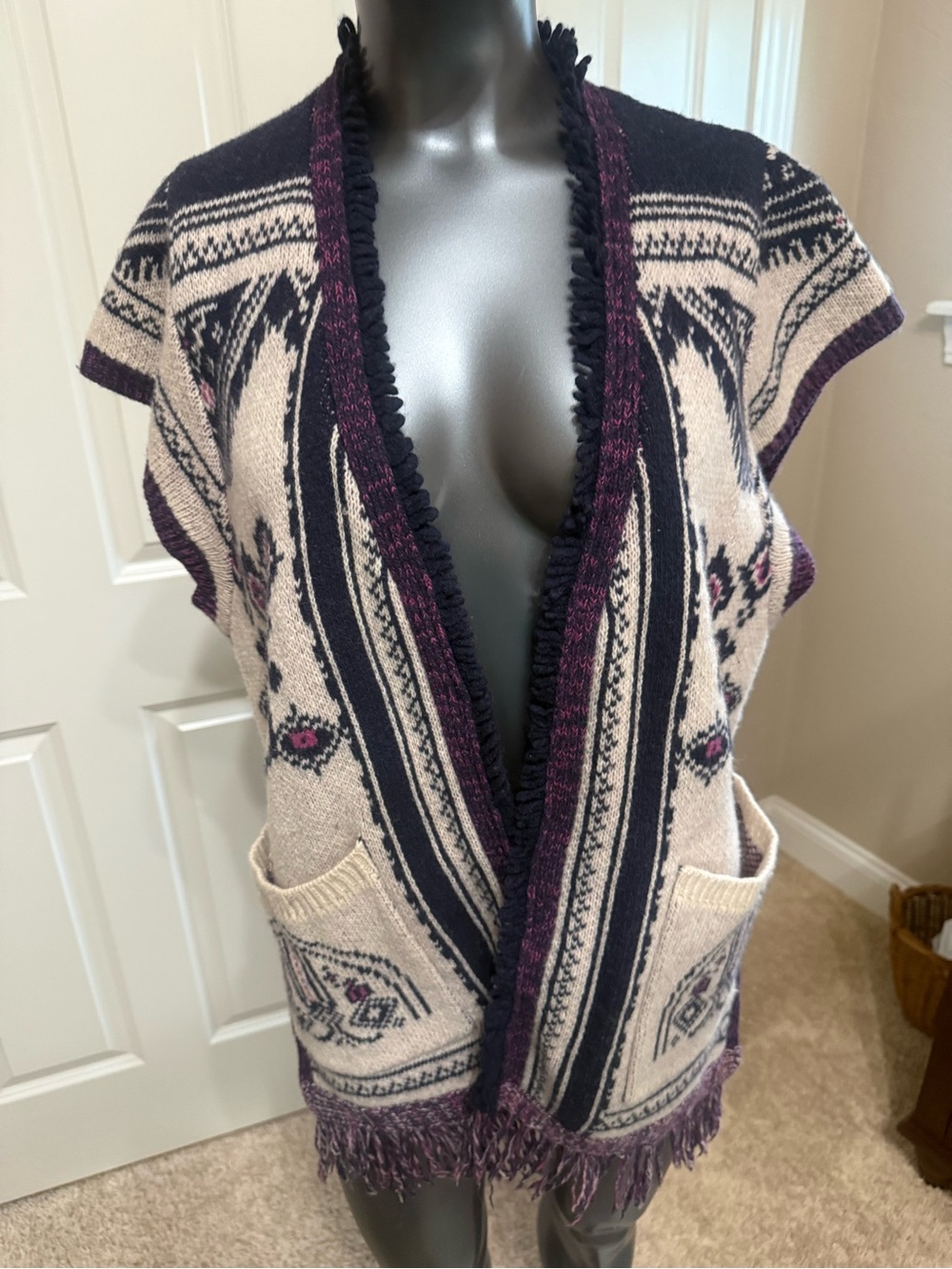 Angel Of The North Beige Navy and Plum Patterned Fringe Open Cardigan Vest